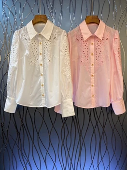 

2020 Early Autumn New Women's Solid Color Decorative Lapel Embroidered Hollow Long-Sleeved Shirt 808