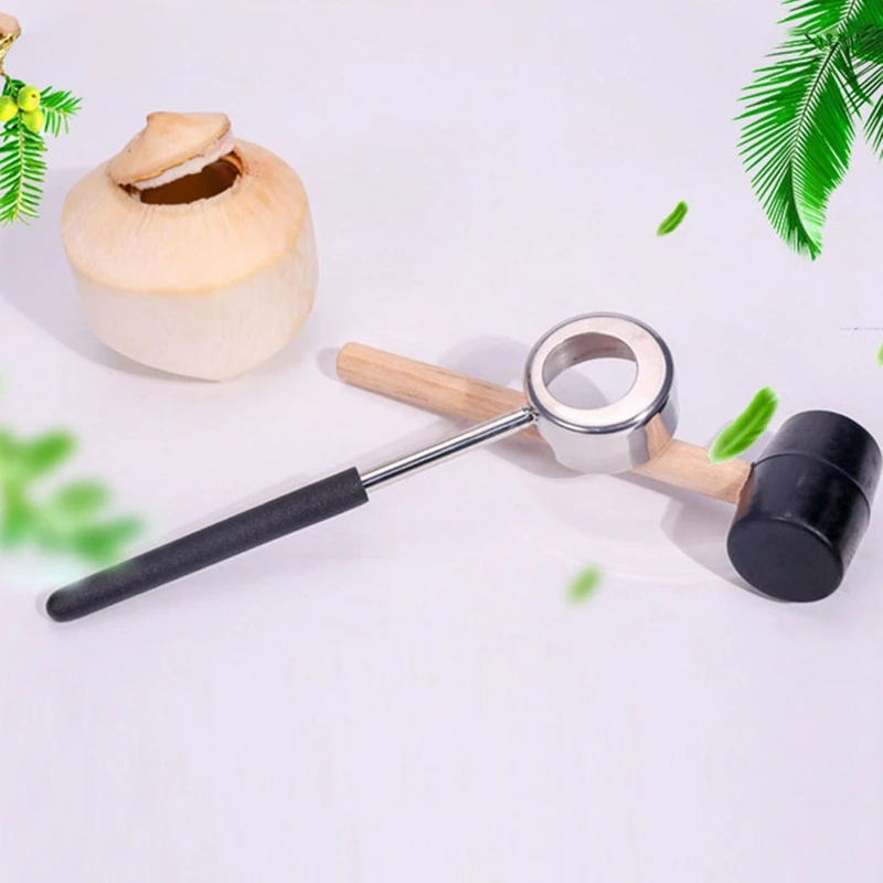 ABUI-2Pcs/класс практичная легкая открывалка для кокоса набор инструментов из нержавеющей стали открывалка с деревянным молотком