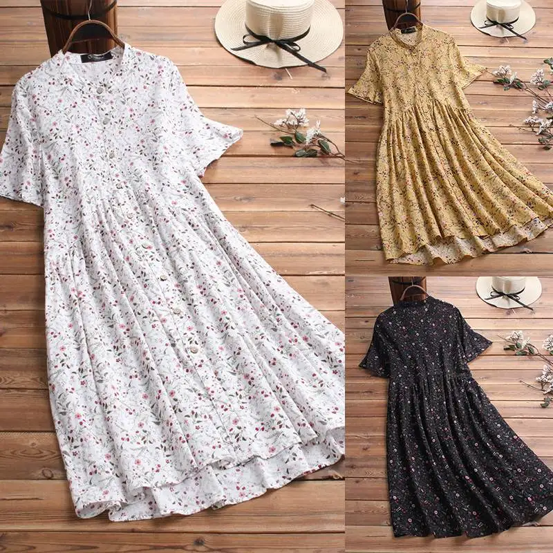 Стильное платье средней длины Vestidos женский сарафан с принтом летнее платье-рубашка на пуговицах с коротким рукавом и цветочным рисунком Женская Туника халат размера плюс
