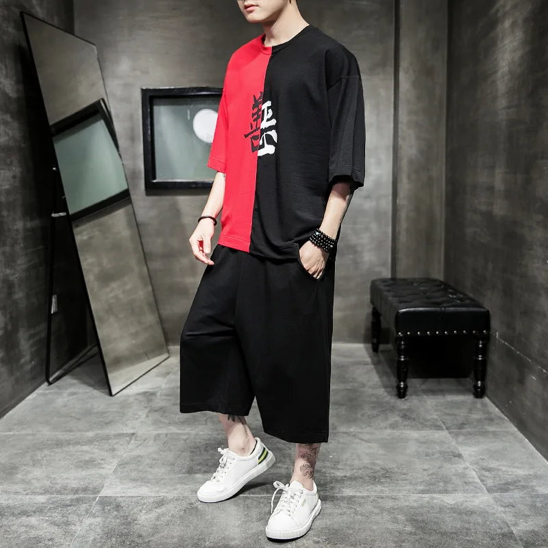 

Cool Men'S Wear Plus-sized Fat Leisure Suit Clothes a Set of Trend Summer T-shirt Suit Chinese-style