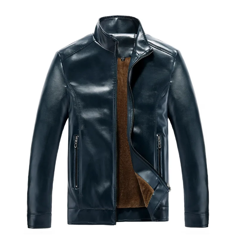 

Autumn & Winter Men Stand Collar Brushed And Thick Solid Color Washing PU Leather Coat Large Size Leather Jacket