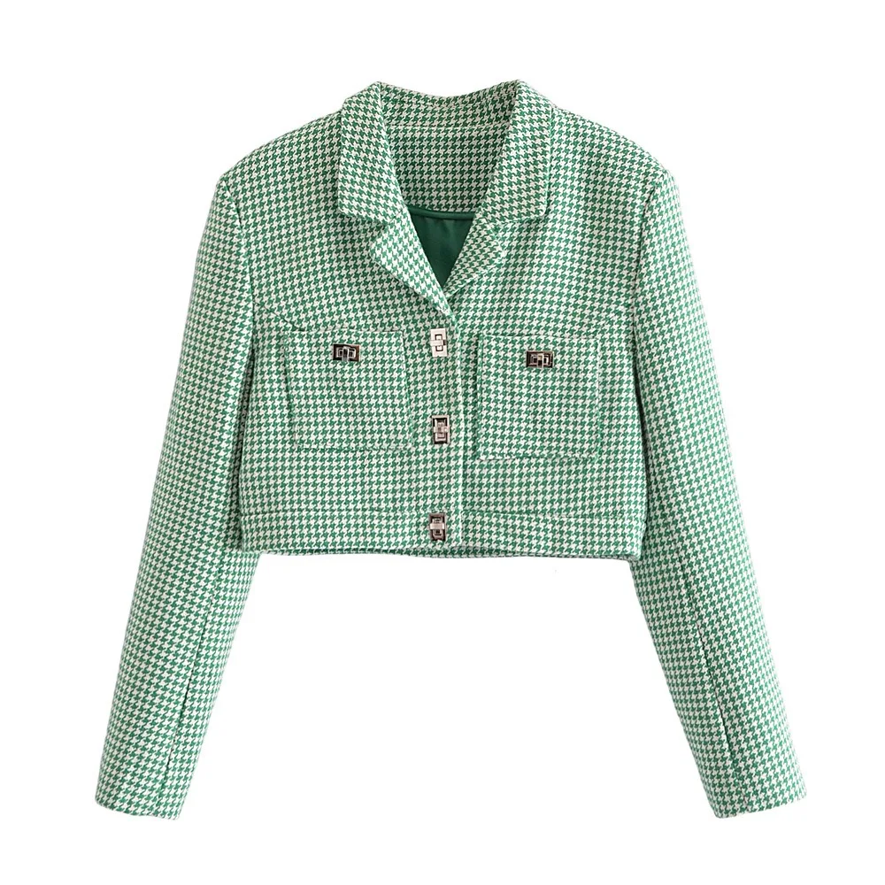 Retro French Style Green Check Plaid Weavon Cropped Blazer Women Notched Metal Buckle Buttons High Waist Suit Short Coat Outwear