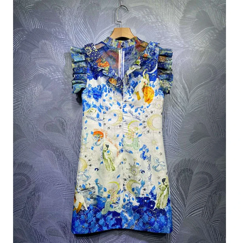 SEQINYY Vintage Mini Dress 2020 Summer Spring New Fashion Design Women Ruffles Blue Print Jacquard Runway