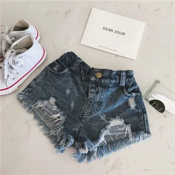 

Summer girls denim shorts baby hot shorts kids bottoms children streetwear snap ripped tassel striped 1 to 7 yrs