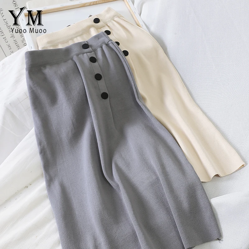 

YuooMuoo Side Buttons Design Elegant Knitted Skirt 2019 Korean Style Women Summer Autumn Midi Skirt Female Literary Office Skirt