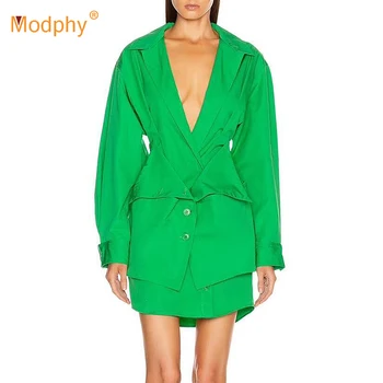 

Casual Women's Dress Green V-neck Lantern Long Sleeve High Waist Mini Slim Print Dress Women's Clothing 2020 Spring Fashion