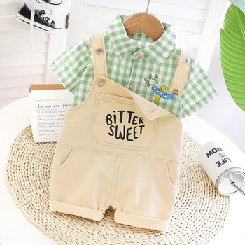 

Bab boys cute 2 pc/set Cotton green checks Shirt and Cute suspenders Summer wear 20200507-10