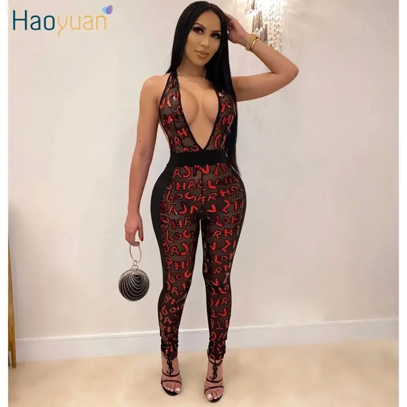 

HAOYUAN Sexy Club Outfits Mesh Sheer Bodycon Jumpsuit Festival Clothing One Piece Off Shouldr Backless Rompers Womens Jumpsuit