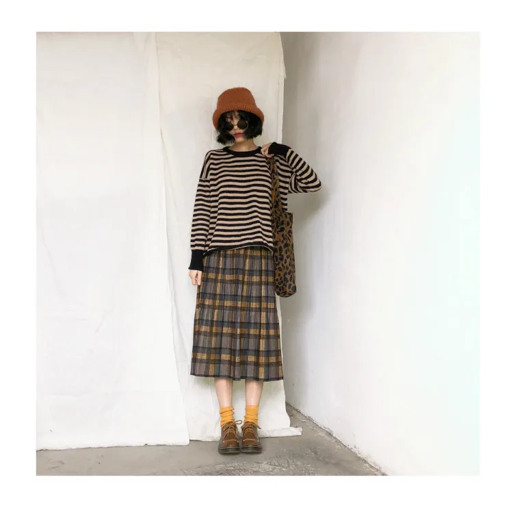 Vintage New Women Thick Warm Autumn Winter Harajuku Plaid Retro Skirt Female Cute Japanese Girls Kawaii Skirts Calf-length