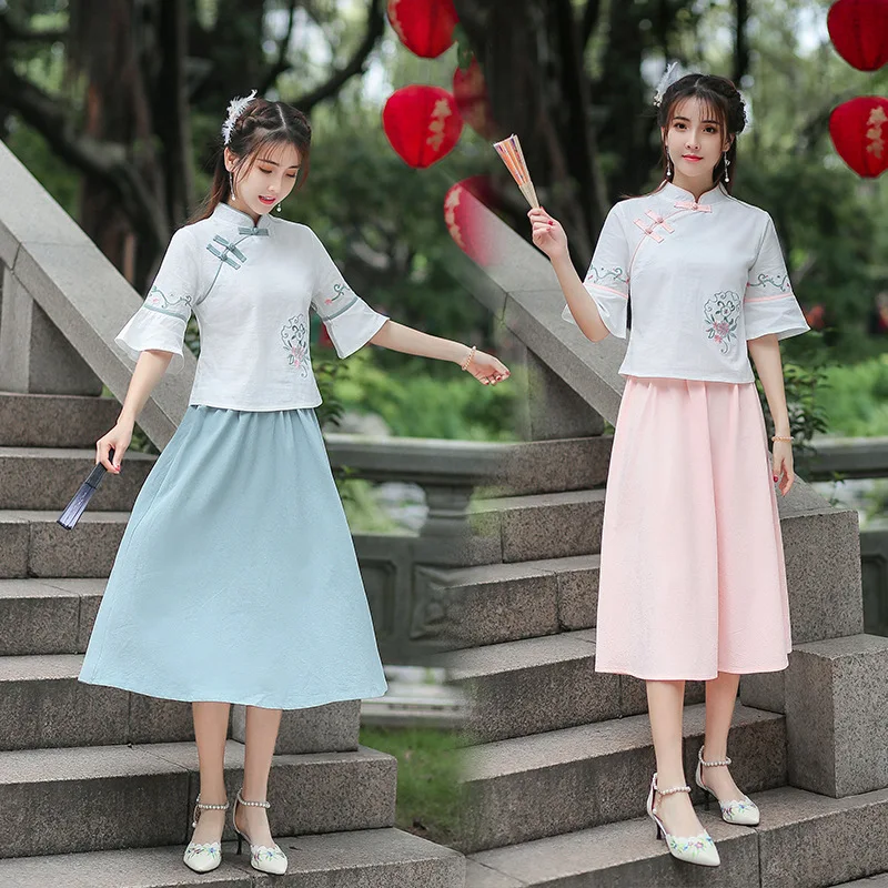 

2019 Summer New Style the Republic of China-Style Embroidery Chinese Costume Tops + Skirt Set Improved Chinese Clothing