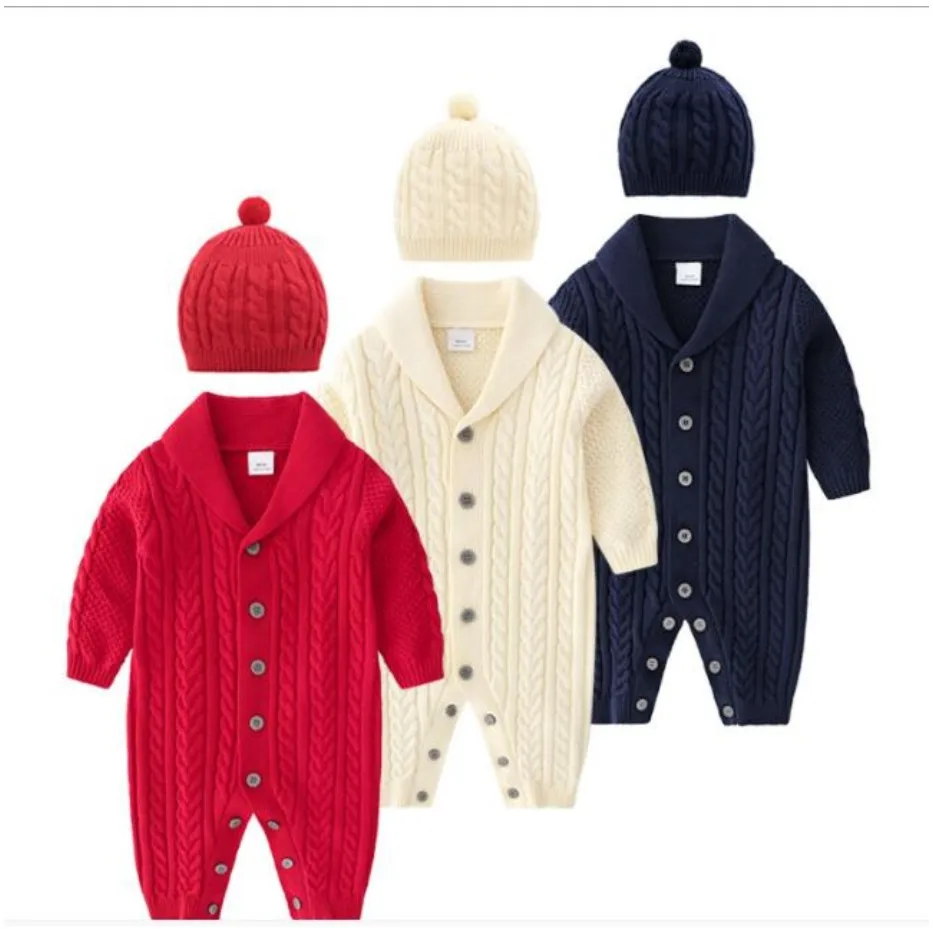 

Newborn Baby Boy Girl Autumn Knitting Rompers Newborn Baby Long Sleeve With Caps Overalls Jumpsuit Baby Christmas Costumes