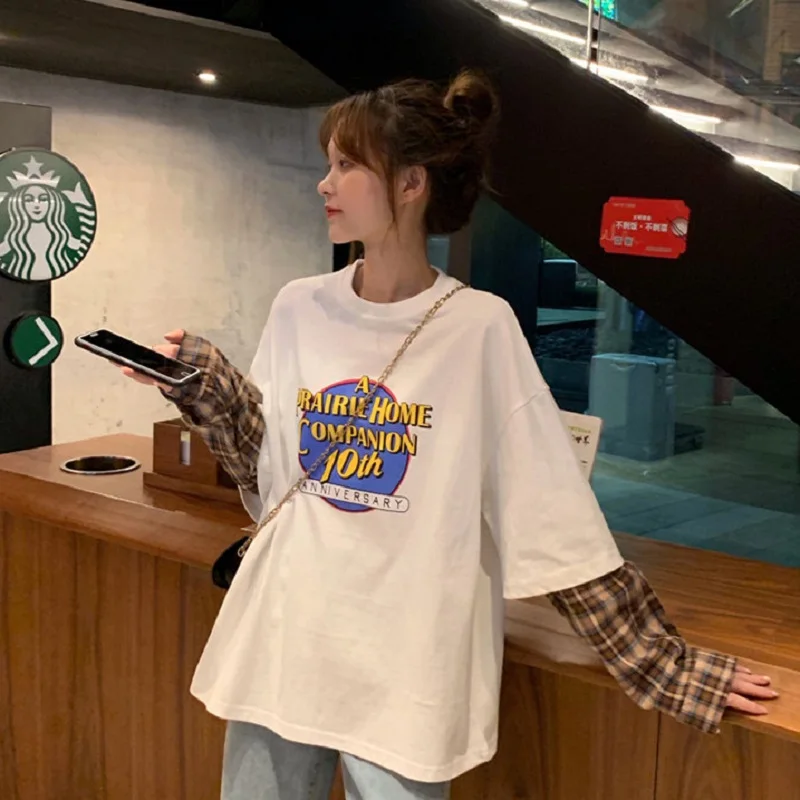 Поддельные Две толстовки с длинными рукавами женские корейские ins Harajuku винтажные BF с буквенным принтом свободные модные пуловеры женские толстовки