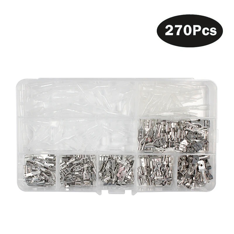 

270Pcs Wire Spade Connector Male Female 2.8mm 4.8mm 6.3mm Crimp Terminal Quick Splice Insulated Sleeve Assortment Kit