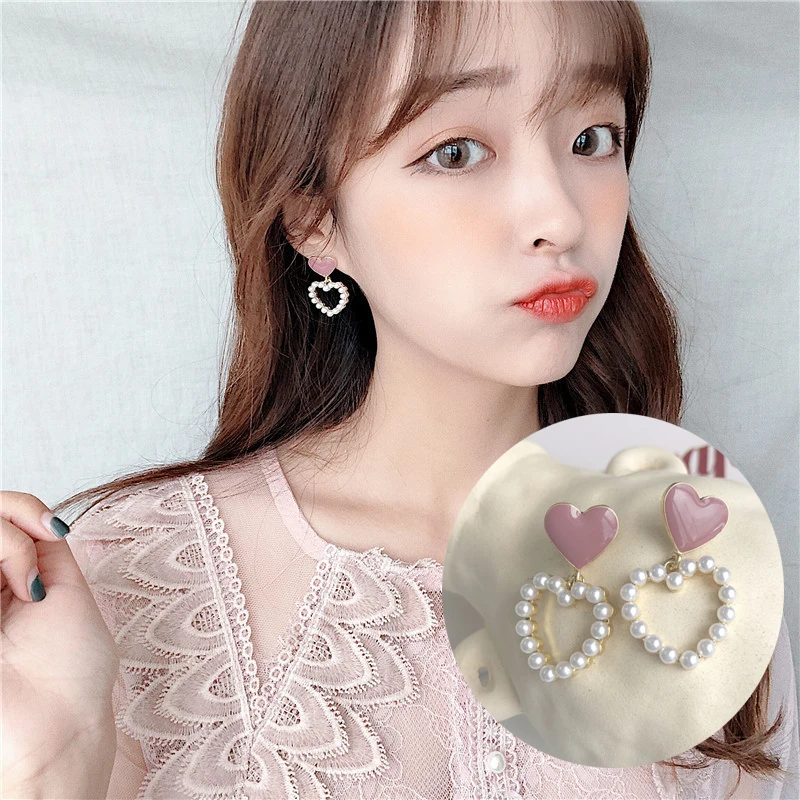 

Korean heart pearl earrings with alloy pearl for women fashion pink red pearl earrings romantic wedding party jewelry wholesale