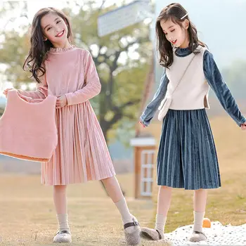 

2020 Autumn Winter Baby Girls Vest + Long Sleeve Gold Velvet Dress Kids Girls Sets Clothing Casual Children Suit For Girls W529