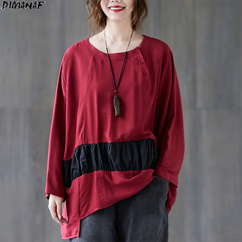 

DIMANAF 2020 Plus Size T-Shirt Autumn Patchwork Style Cotton Women Female Batwing Sleeve Loose Solid Vintage 2020 New Tops&Tees