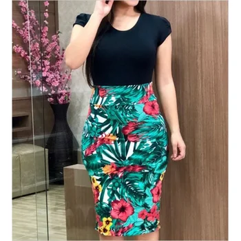 

Women Dresses Spring Summer Short Sleeve V-neck Color Matching Print Floral Slim Dress Casual Pencil Dress For Ladies