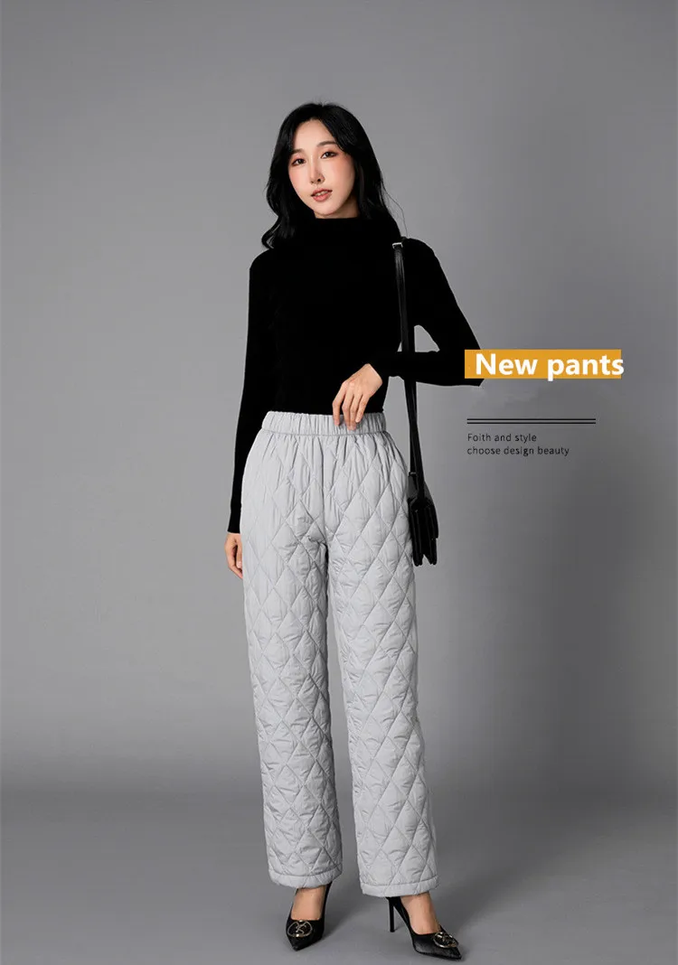 Women Winter Down Pants Warm Elastic High Waist Trousers Down Cotton Padded Quilted Straight Straight Wide Leg Pants cropped leggings