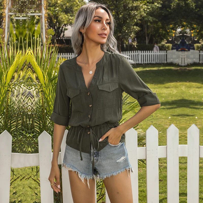 2021 New Women Shirts Short Sleeve V-Neck Pockets Single Breasted Drawstring Ｗaist Summer Casual Female Blouse 2021 solid color pockets wide leg pants jumpsuits women summer new casual bow sling loose rompers one piece outfit boho female