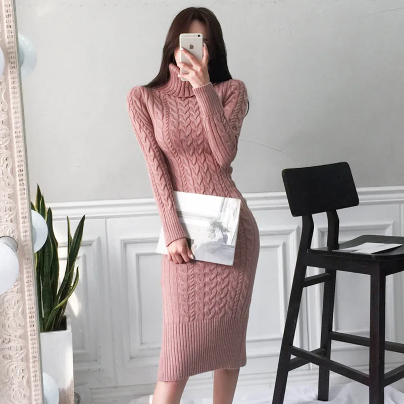 

Elegant And Charming Elegant High Collar ma hua wen Slit-Back-Style Knitted Sweater Medium-length Long-sleeved Dress