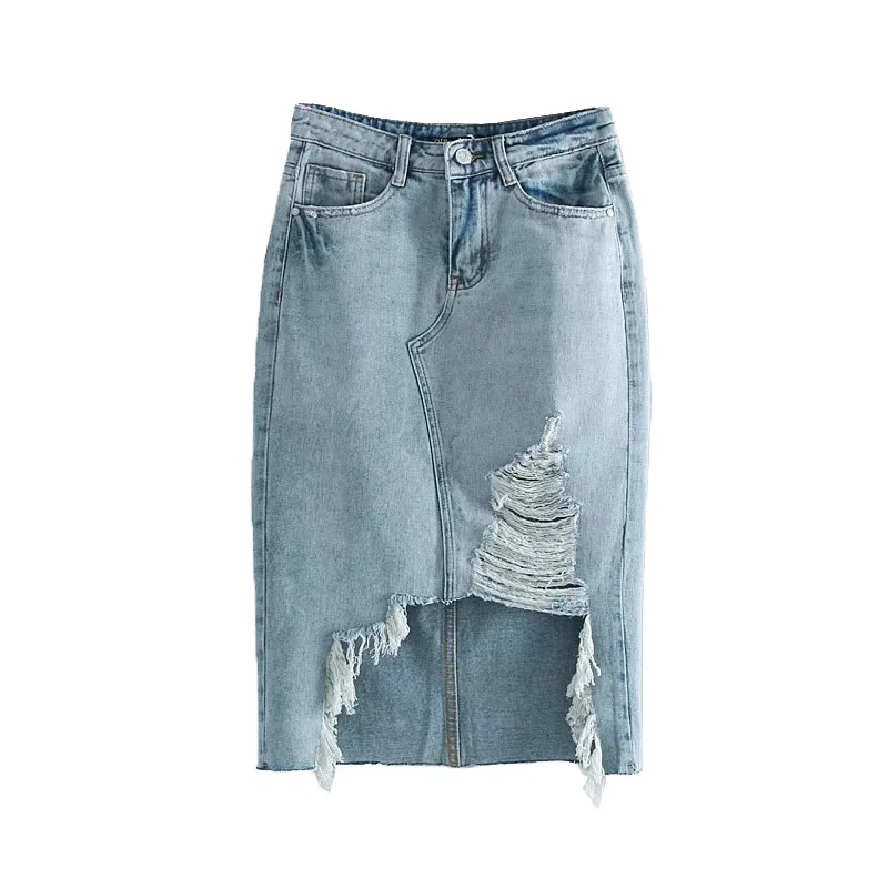 

2019 Summer New Products Retro Fashion Slim Fit High-waisted Mid-length Irregular with Holes Denim Skirt Skirt Women's