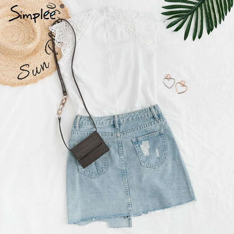 Baratos Simplee elegante bordado blanco encaje tapas mujeres sin Mangas de gasa cami camisetas Sexy estilo de verano Camisetas De mujer camisola