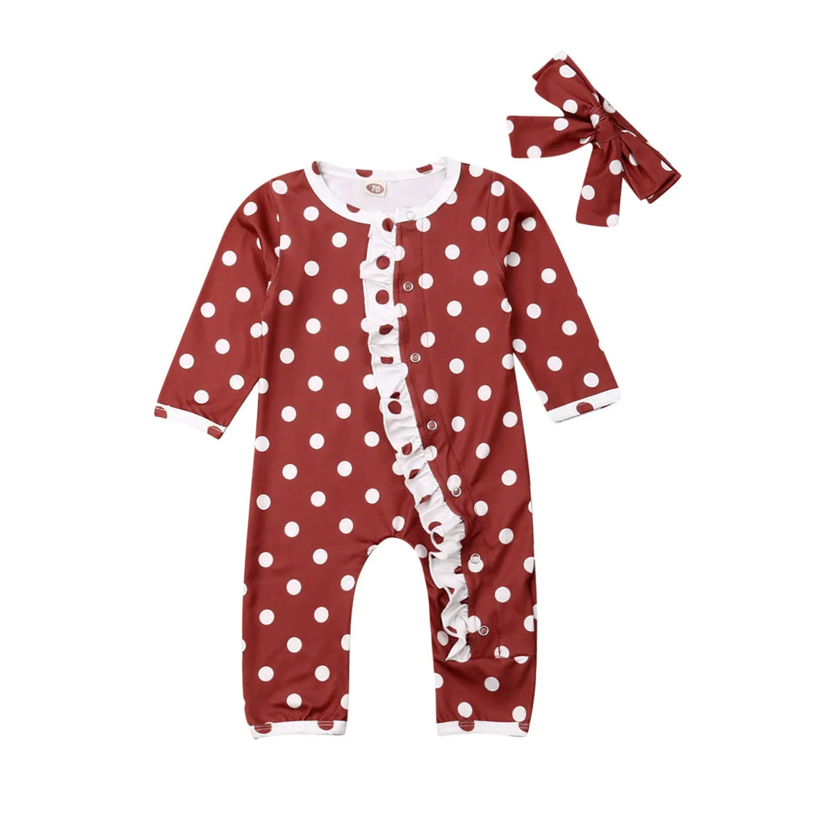Коллекция года, весенне-осенняя одежда для малышей Одежда в горошек с цветочным рисунком для новорожденных девочек комбинезон с длинными рукавами комплект с повязкой на голову - Цвет: Red Dots