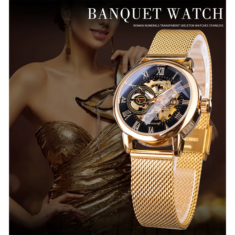 Forsining Fashion Women's Luxury  Golden Mechanical  Watch Roman Numerals Transparent Skeleton Watches Stainless Steel Clock