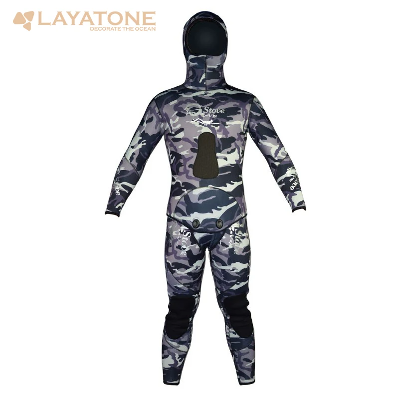 LayaTone 7/9 мм неопрен гидрокостюмы для мужчин камуфляж Подводная охота 2-Pieces Дайвинг костюм подводная охота с капюшоном всего тела мокрого костюма