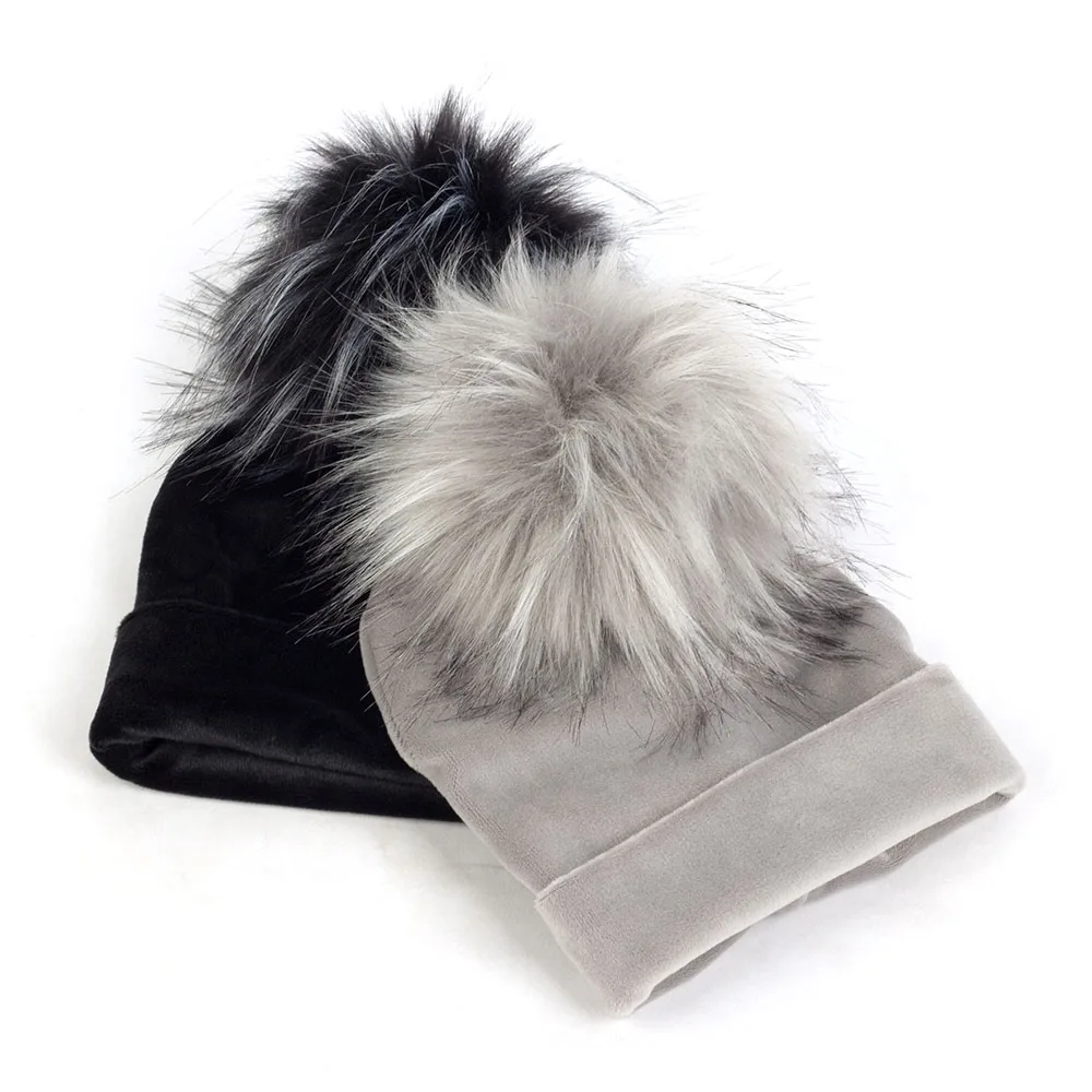 Geebro Newborn Baby Hat Faux Raccoon Fur Pompom Girls Boys Warm Winter Knitted Velvet Hat Ins Fashion Soft Thick Flannel Beanies