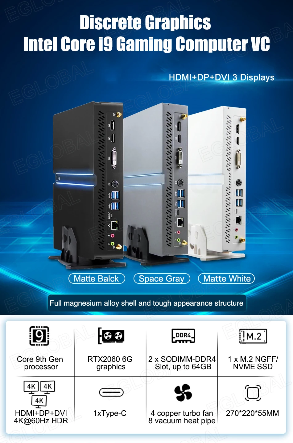 Game Killer Mini PC with Intel Core i9 9900KF/i7 9700KF, Nvidia RTX1660S 6GB, AX200 WiFi, 4K HDMI/DP/DVI – High-Performance Desktop Computer. Description Image.