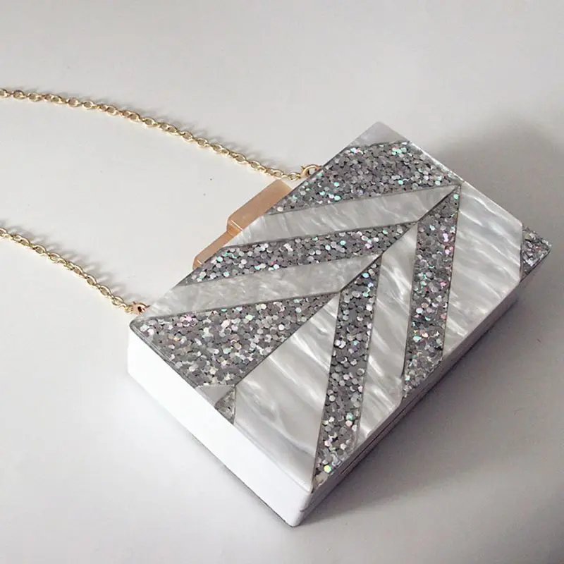 

Silver Patchwork Acrylic Handbag Evening Bag Party Bridal Lady Clutch Prom Purse