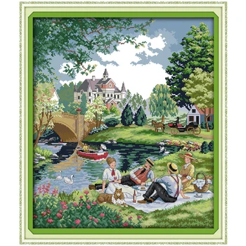 

A picnic in the suburbs counted printed on the canvas 11CT 14CT DIY kit wholesale Cross Stitch embroidery needlework Sets
