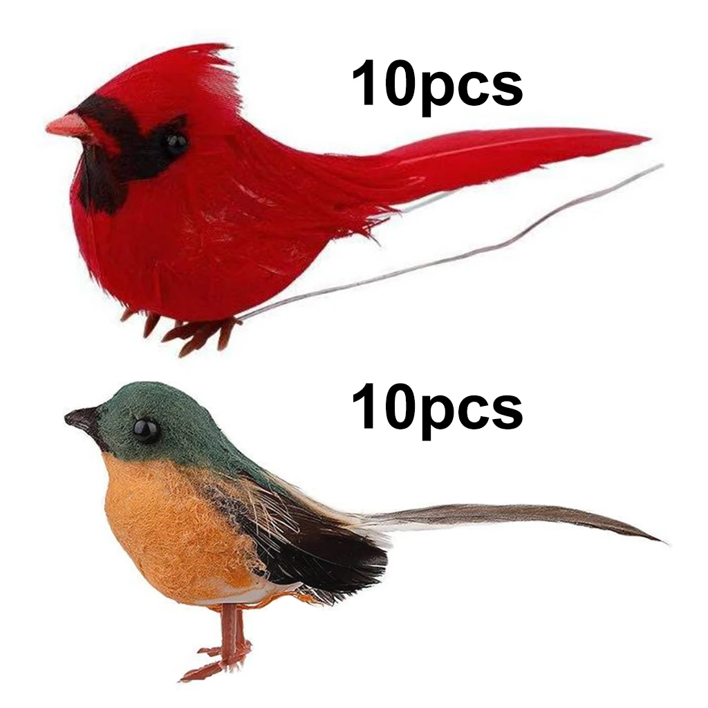 Cardinal Clip-on Christmas Tree Ornaments Set of 10 Cardinals and Metal Clips Attached Small Artificial Birds for Crafts