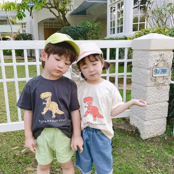 

3348 Children's Korean Boy Cartoon Dinosaur Print Children's T-shirt Ins Round Neck Short Sleeve T-shirt Summer Girls Top Shirt