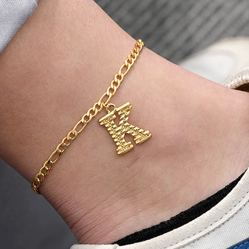Gold Color A-Z Letter Initial Anklets Bracelets For Women Girls Stainless Steel Alphabet Ankle Leg Foot Bracelet BFF Jewelry