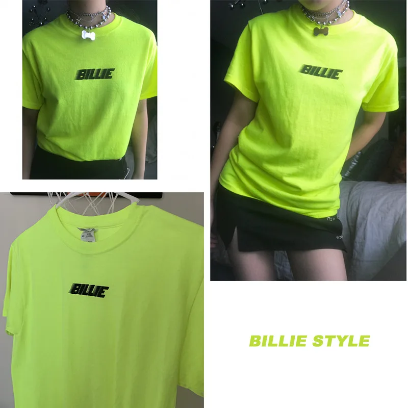 Billie Eilish футболка женская мода флуоресцентный зеленый высокое качество облегающие мягкие топы Короткий рукав o-образный вырез хипстер для женщин Топ
