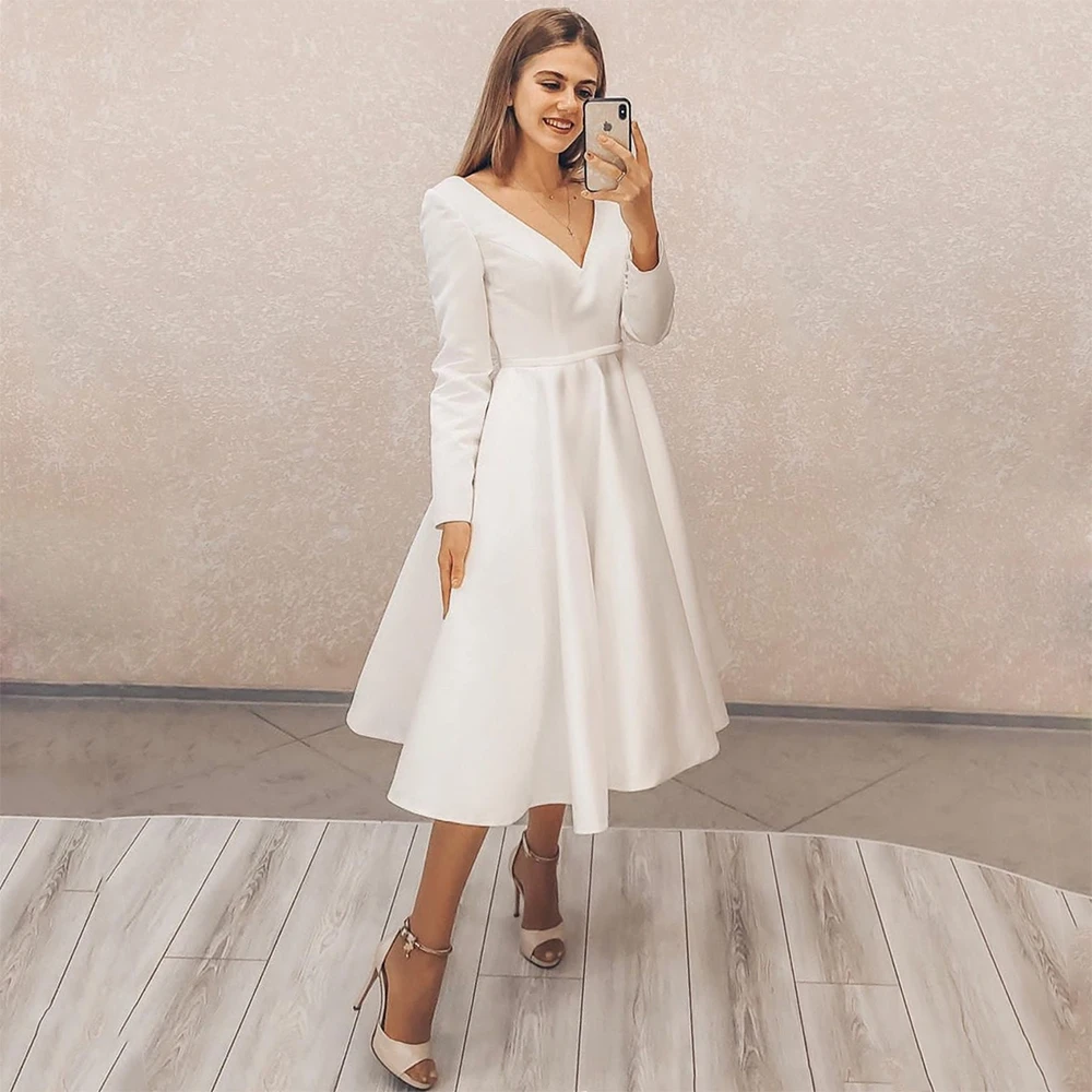 second hand wedding dresses LUXIYIAO LO85 Short Wedding Dress 2022 A-Line Long Sleeve V-Neck Simple Boho Vintage For Women Robe De Mariee Bridal Gowns winter wedding dresses