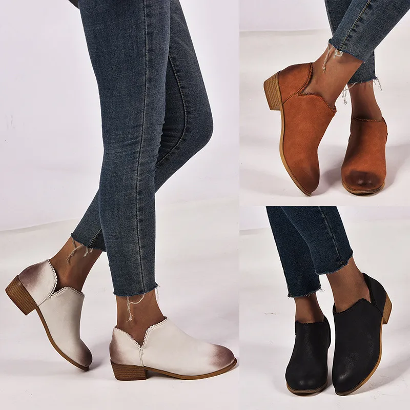 

Women Autumn Winter Flock Ankle Boots Slip-on Round Toe Square Heel Solid Casual Black/Camel Booties Size 35-43