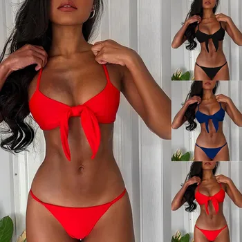 

#Z2 Front Knot Halter Bikini Set Women Summer Bikinis Women Sexy Solid Two-Piece Bikini Set Swimsuit Swimwear Bathing Suit
