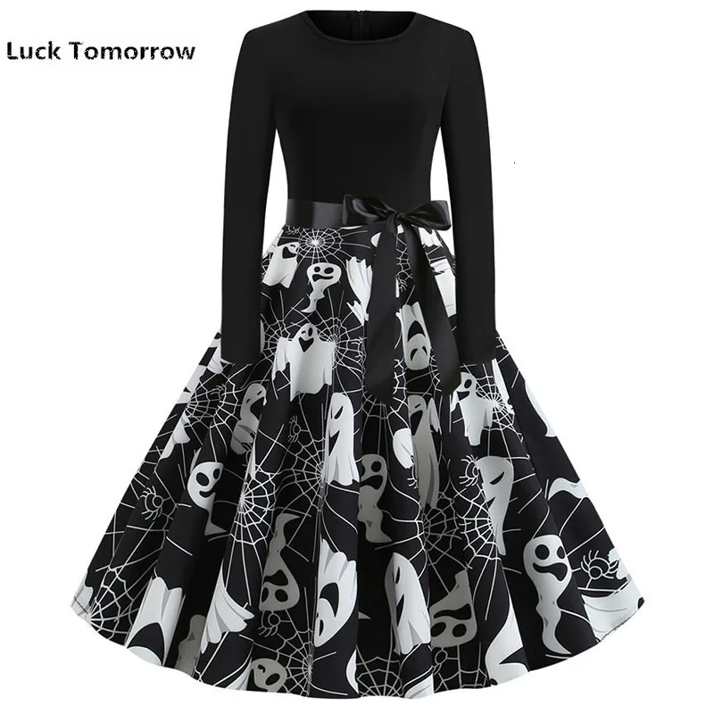 

Robe Pin Up Vintage Dress Spring 2019 Skull Print New Year Dress For Women Long Sleeve Rockabilly Party Dresses Big Swing