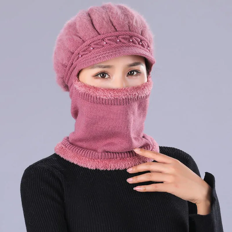 High Quality Women Plush Rabbit Fur Knit Hat Warm Winter Hat And Scarf Beret Beanie Hat Ski Casual Headwear