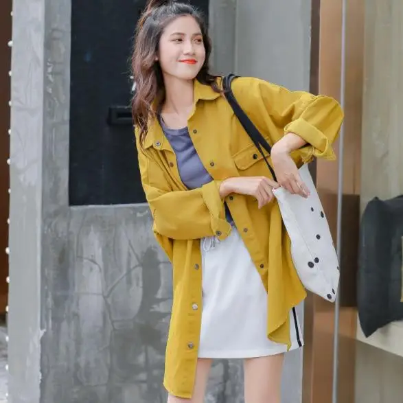 Summer Autumn Boyfriend Loose Single-breasted Long Women Denim Jacket Plus Size Solid Color Red Yellow Female Coat AE372 | Женская