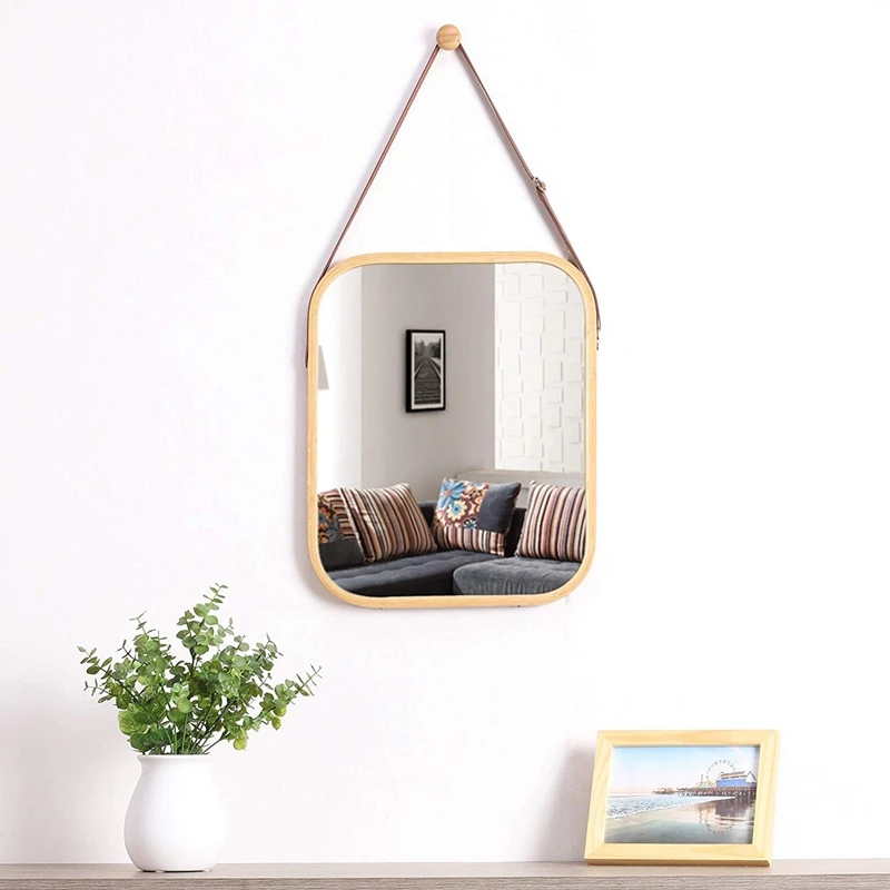 Зеркало для ванной комнаты, настенное крепление, Бамбуковая рама, регулируемый подвесной ремень, домашний декор, гардеробный зал, примерочная комната(бамбук, 15,9 дюймов x 13 дюймовый