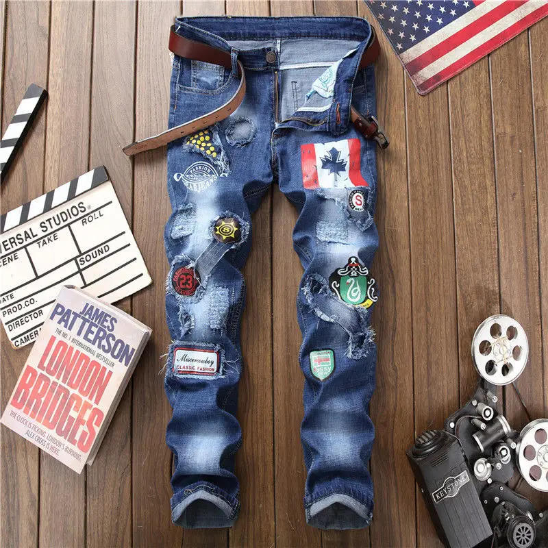 

Men's new slim stretch straight-leg jeans personality patch badges hole trend autumn casual pants trousers jeans