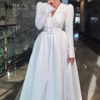 

2020 New Arrival V-Neck Long Sleeve Evening Dresses Taffeta White Muslim Party Gowns Vestidos De Fiesta