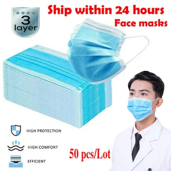 

Stock 50 PCS 3 Layer Disposable Face Mask Anti PM2.5 Influenza Bacterial Facial Dust-Proof Safety Protective Mouth Masks Unisex