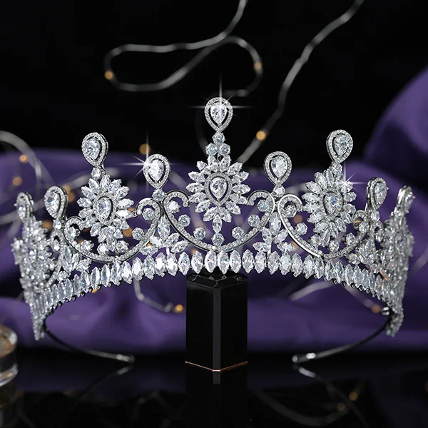 white gold Корона HADIYANA, Модный цветочный дизайн, женские свадебные аксессуары для волос, вечерние украшения для волос, кубический циркон, BC5576, корона, принцесса - Окраска металла: white gold