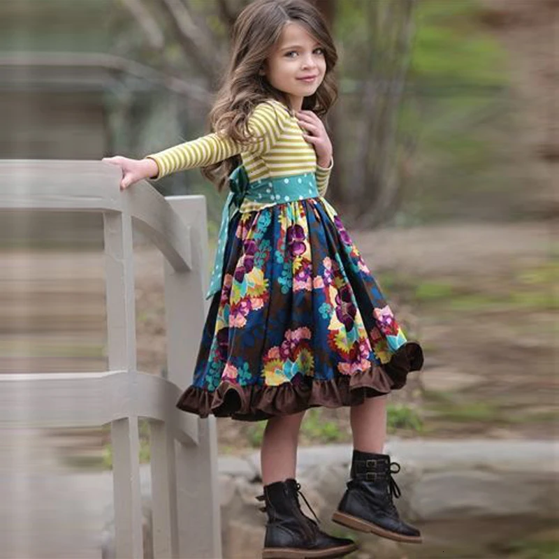 Г. Новое модное платье для девочек платье в полоску с длинными рукавами в пасторальном стиле с цветочным рисунком английская Милая принцесса для От 3 до 12 лет девочек