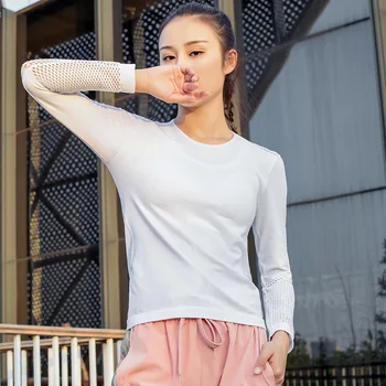 

New mesh hollow fast-drying exercise lady clothing running fitness lady stretch slim long sleeve shirt T-shirt for women
